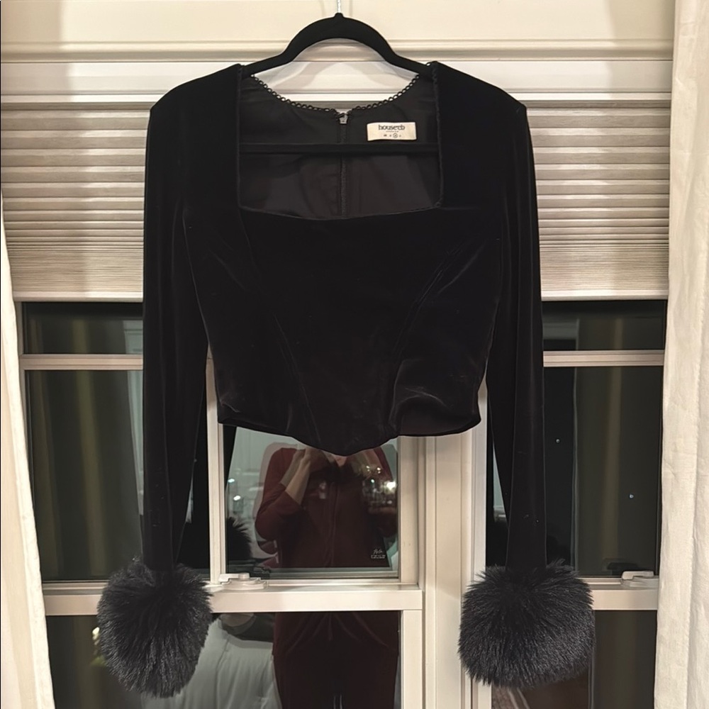 House of CB Black Velvet Blouse with Fur Cuffs